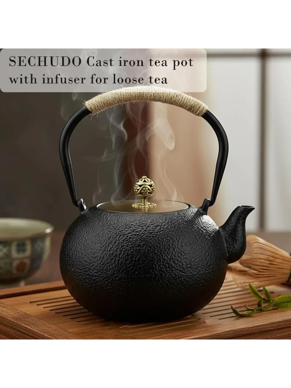 Black Cast Iron Kitchen Japanese Tetsubin Tea Pot 40.6oz Stovetop Infuser Pot